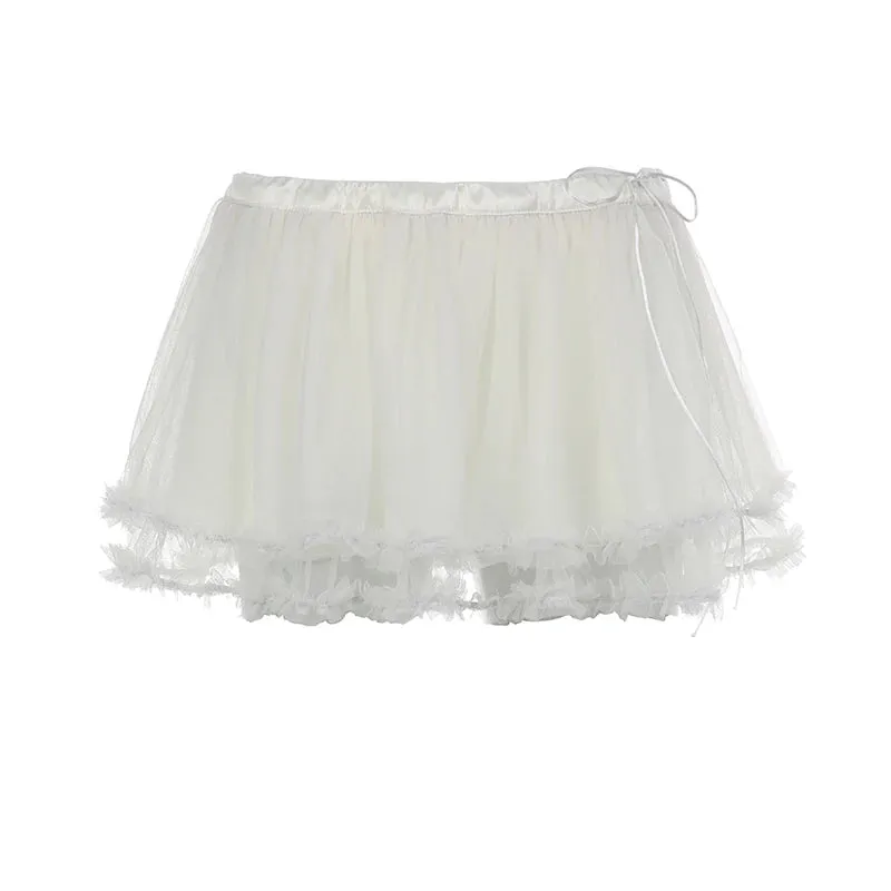 Aiertu Transparent Mesh Pleated Skirt y2k Aesthetic Lace-up Low Waist A-line Mini Skirts Fairycore Coquette Outfits Ladies Chic