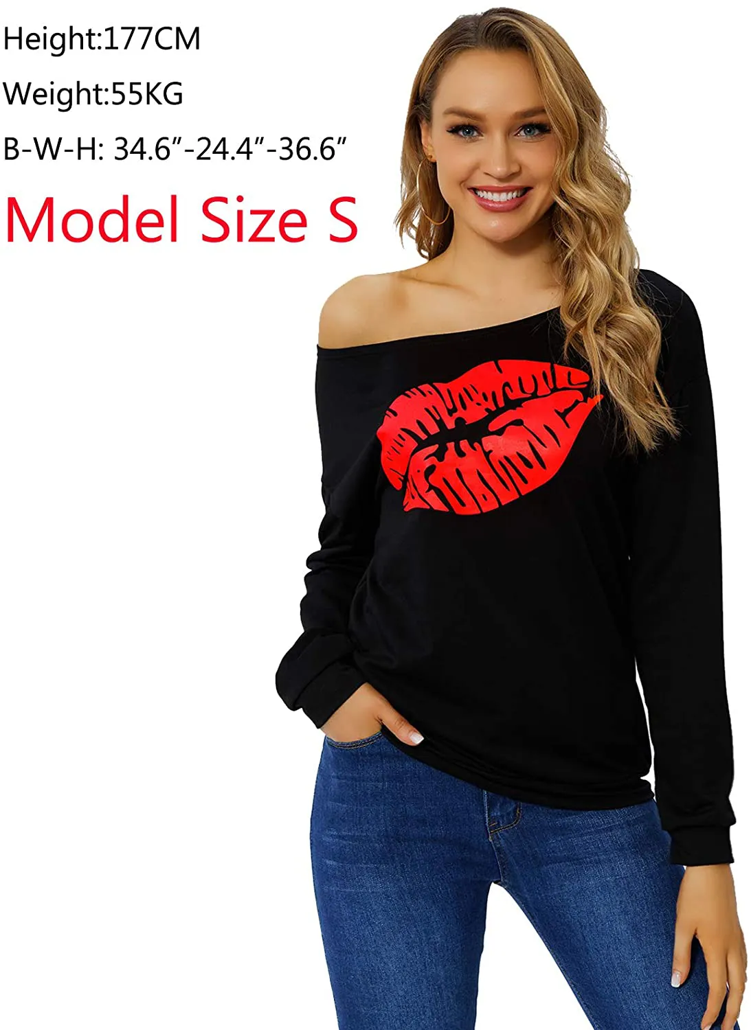 Begonia.K Women's Sweatshirt Lips Print Causal Long Sleeve Off The Shoulder Oversized Slouchy Pullover Plus Size Tops