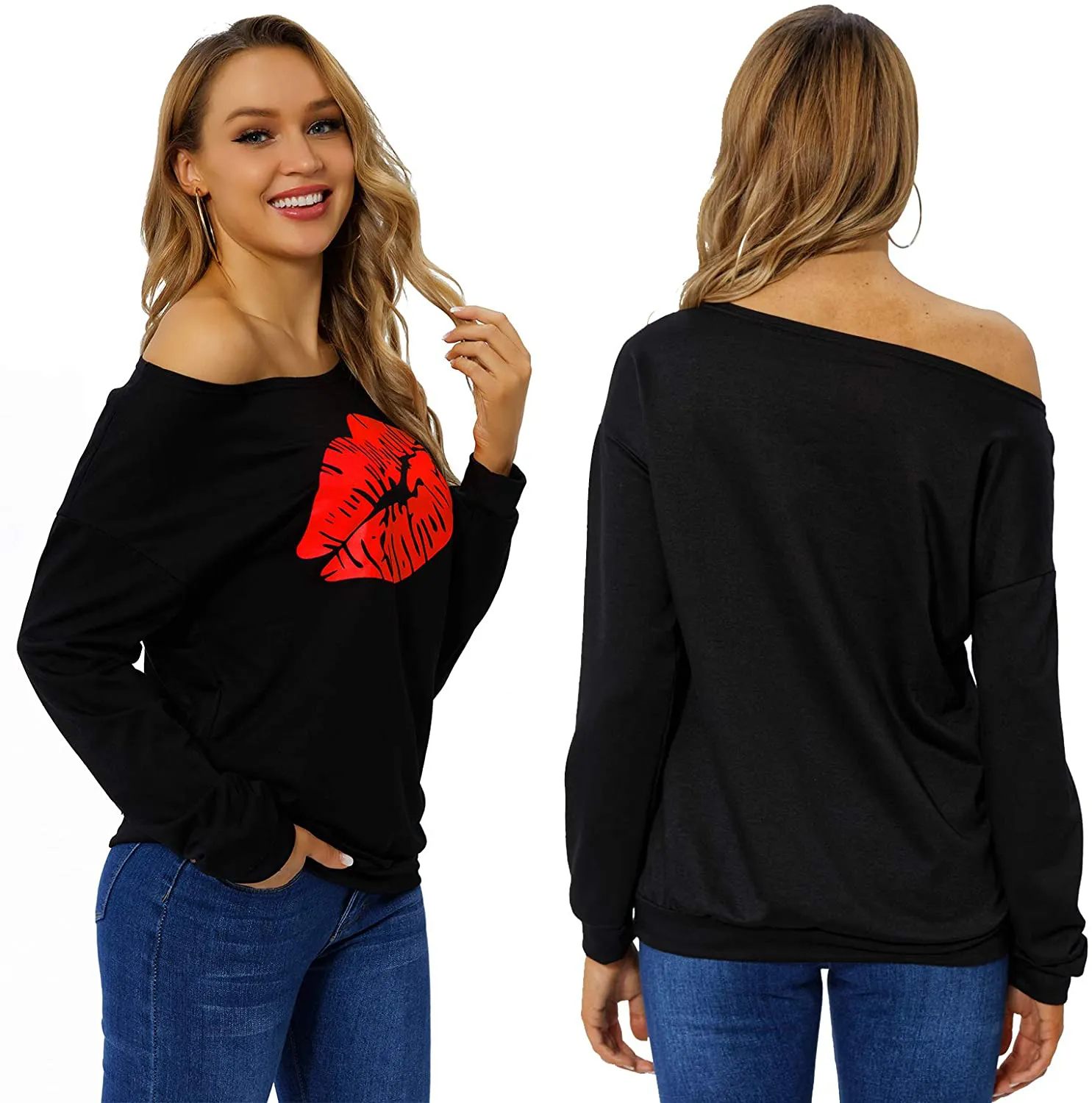 Begonia.K Women's Sweatshirt Lips Print Causal Long Sleeve Off The Shoulder Oversized Slouchy Pullover Plus Size Tops