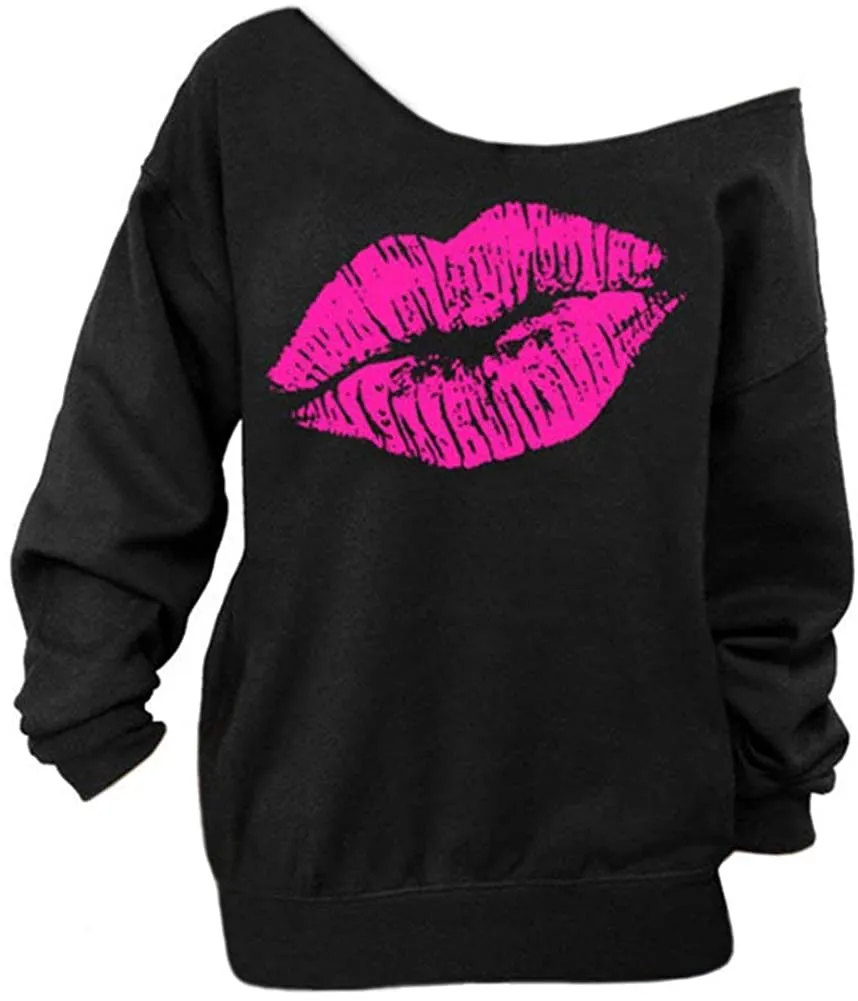 Begonia.K Women's Sweatshirt Lips Print Causal Long Sleeve Off The Shoulder Oversized Slouchy Pullover Plus Size Tops