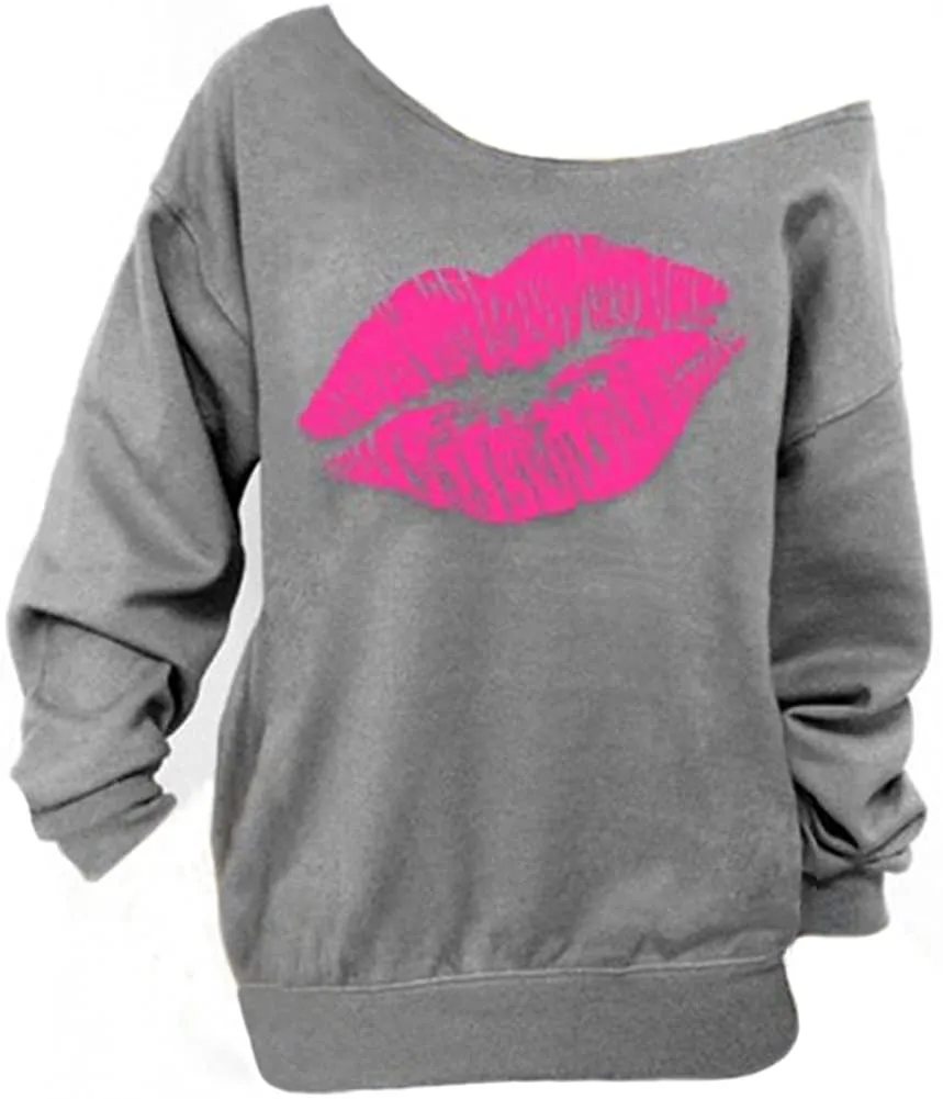 Begonia.K Women's Sweatshirt Lips Print Causal Long Sleeve Off The Shoulder Oversized Slouchy Pullover Plus Size Tops