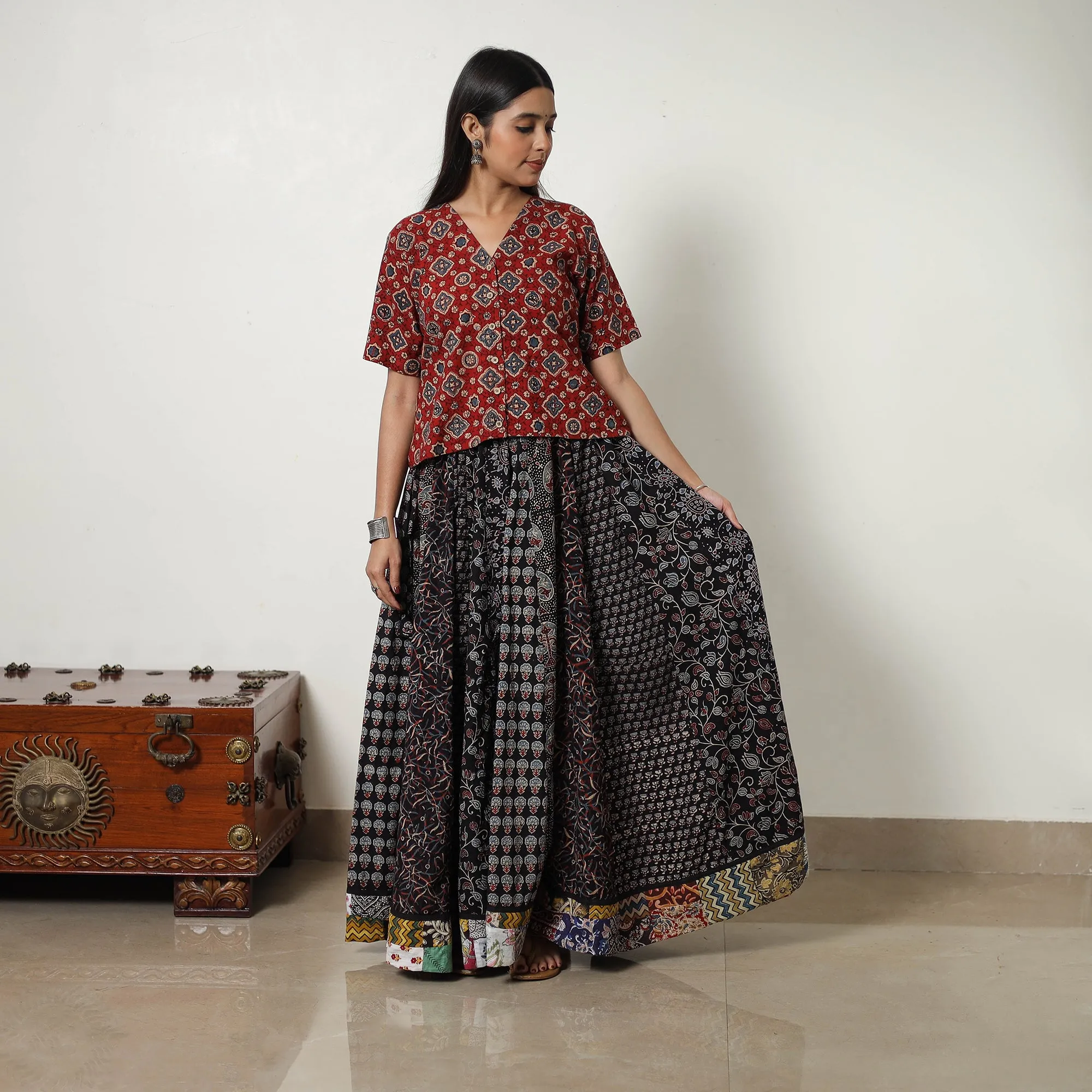 Black - Block Print Cotton 24 Kali Patchwork Ajrakh Long Skirt 15