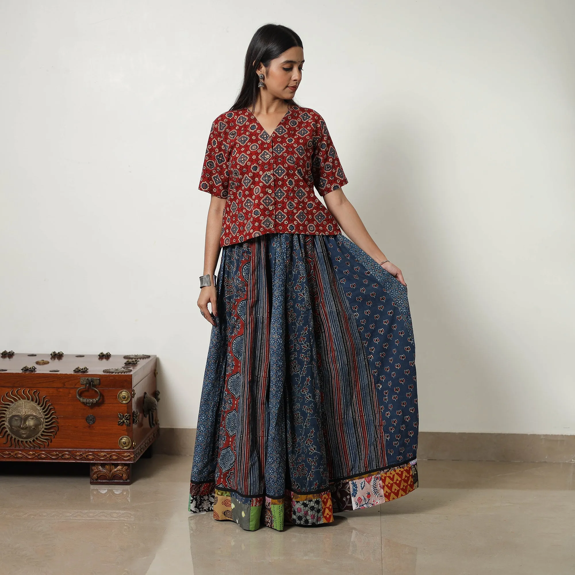 Blue - Block Print Cotton 24 Kali Patchwork Ajrakh Long Skirt 09