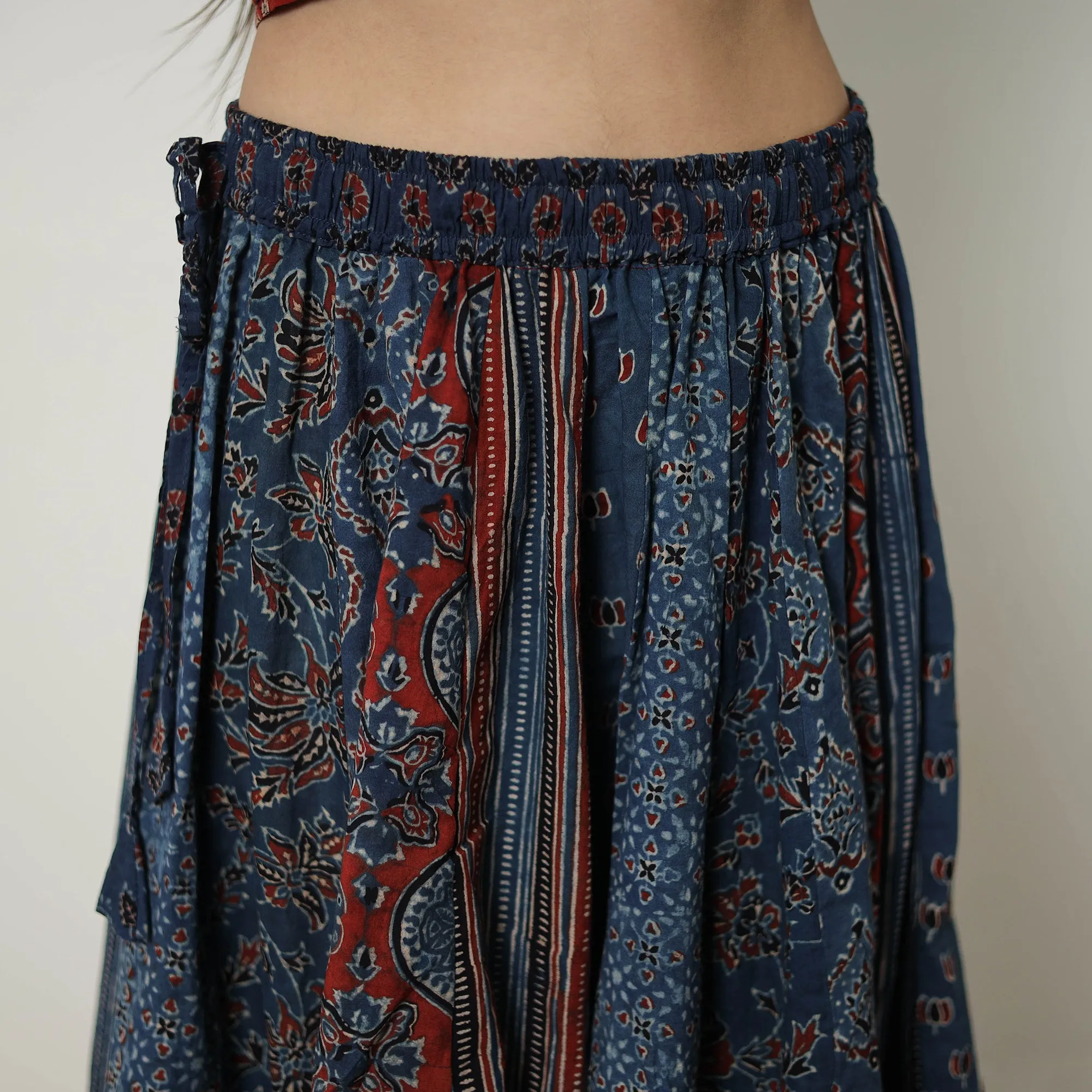 Blue - Block Print Cotton 24 Kali Patchwork Ajrakh Long Skirt 09