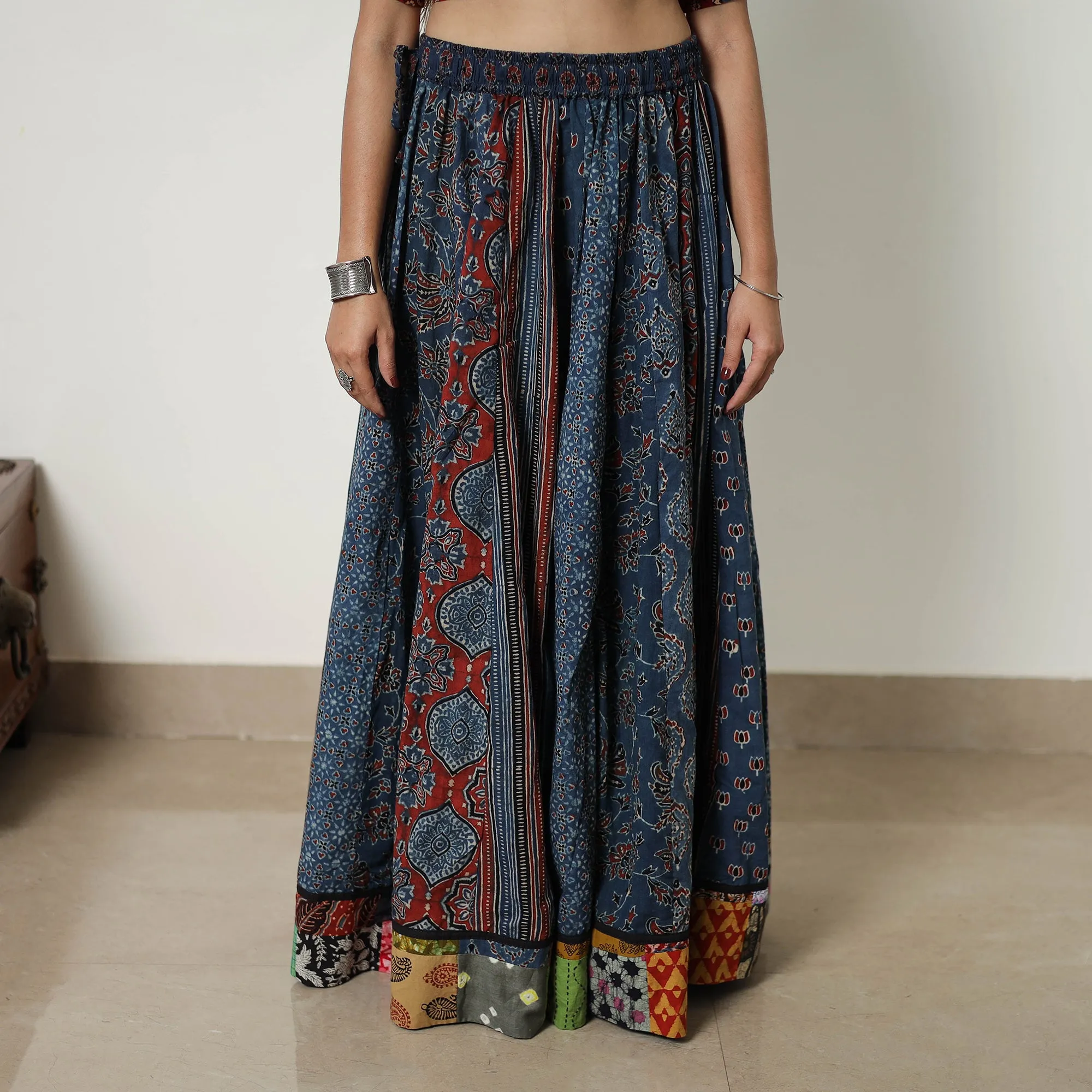 Blue - Block Print Cotton 24 Kali Patchwork Ajrakh Long Skirt 09