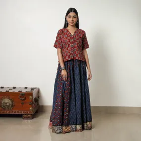 Blue - Block Print Cotton 24 Kali Patchwork Ajrakh Long Skirt 17