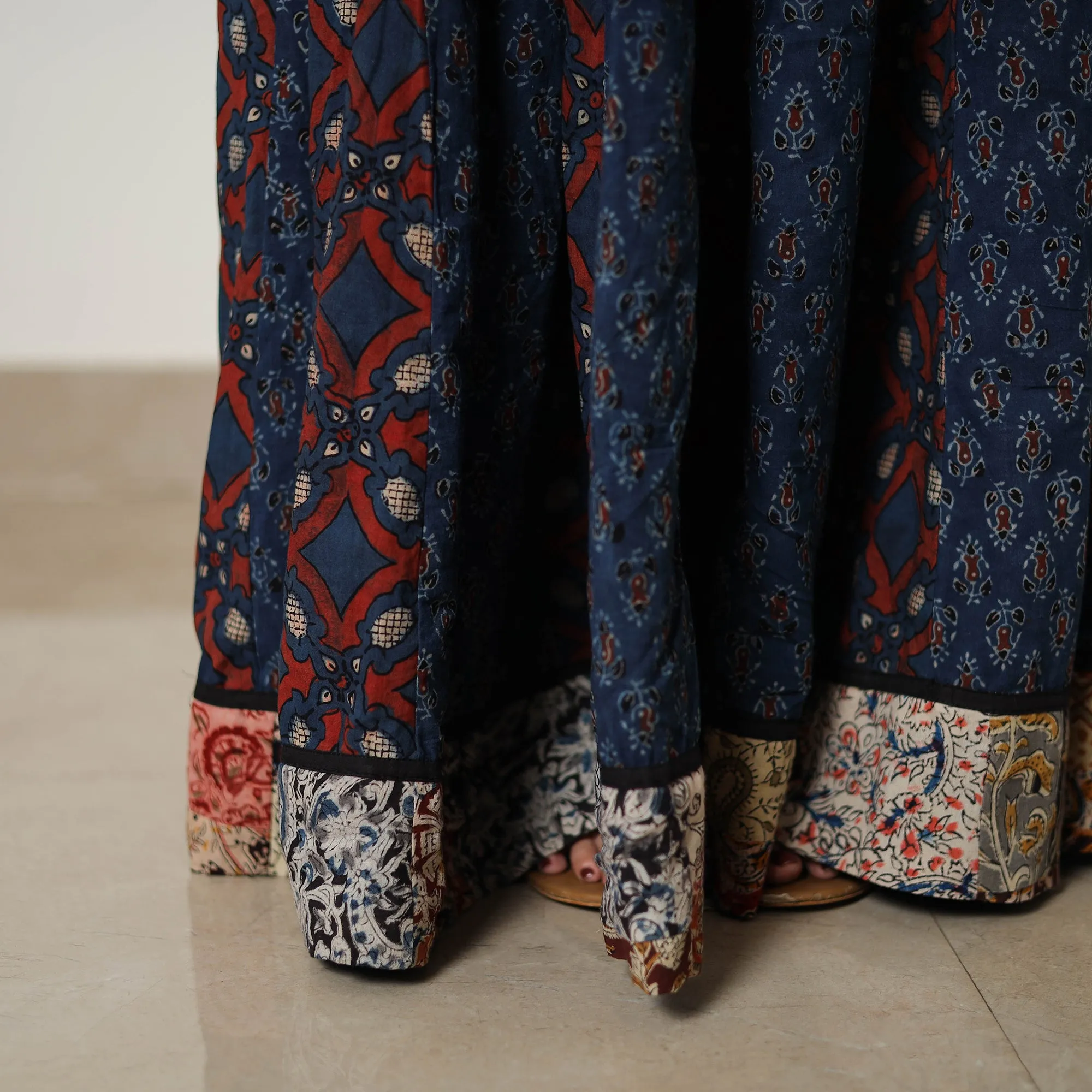 Blue - Block Print Cotton 24 Kali Patchwork Ajrakh Long Skirt 17