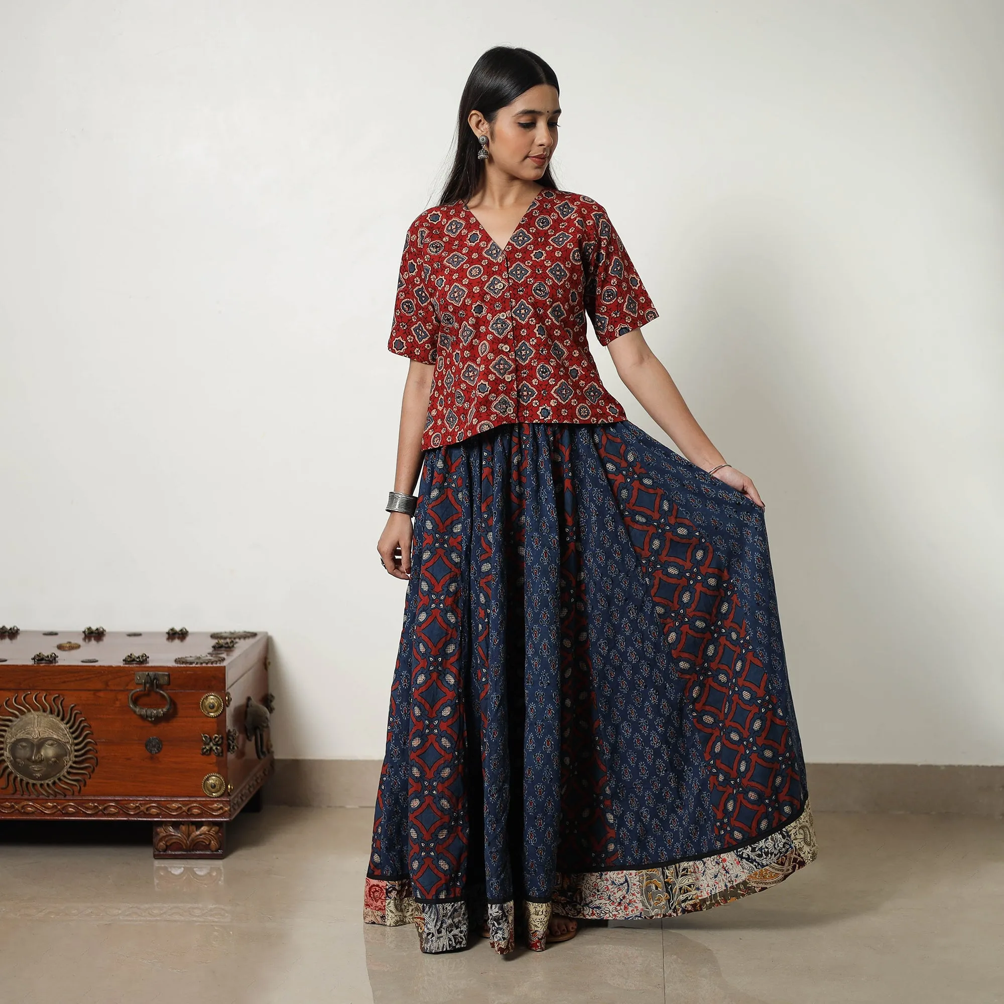 Blue - Block Print Cotton 24 Kali Patchwork Ajrakh Long Skirt 17