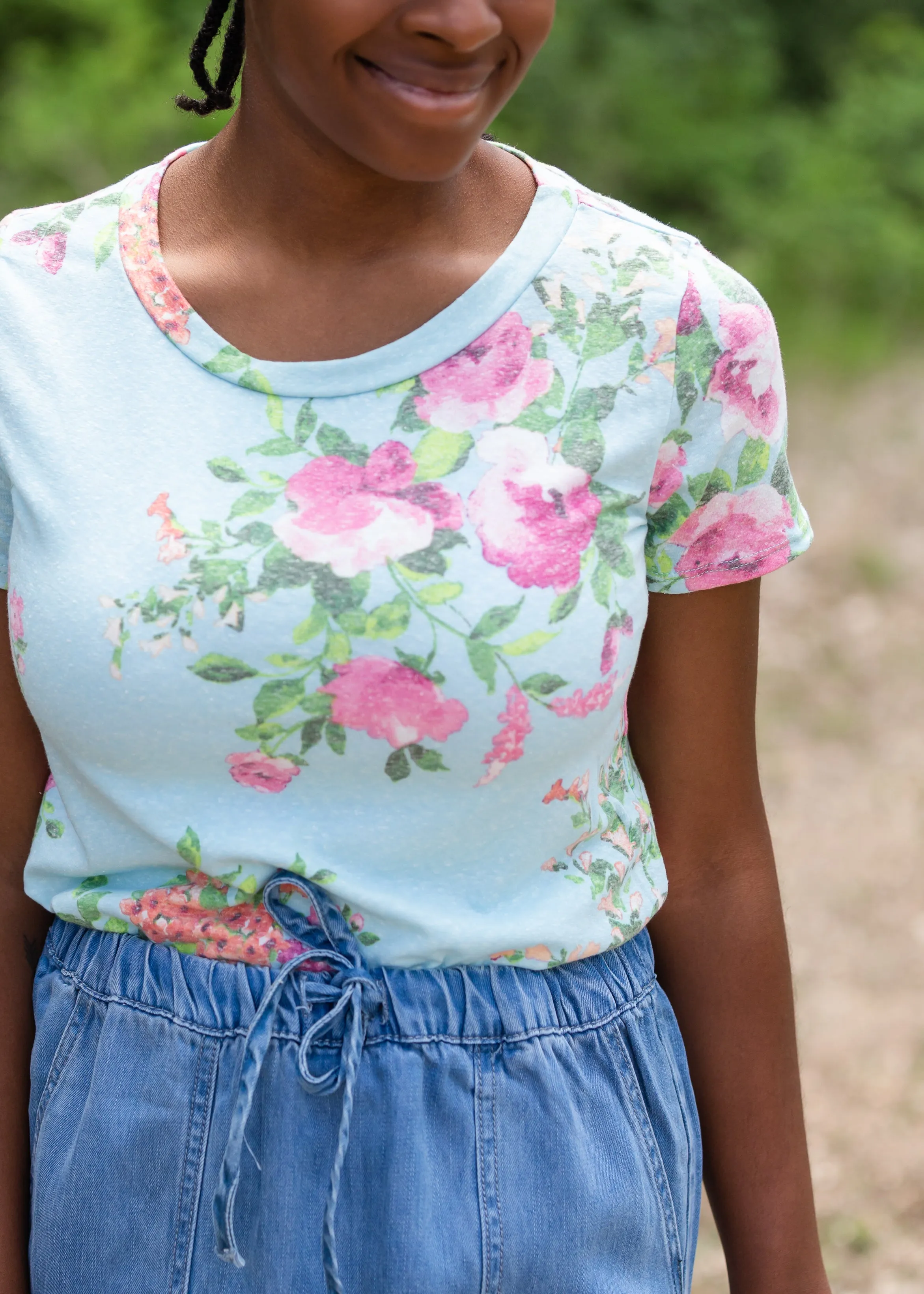 Blue Floral Print Short Sleeve Top