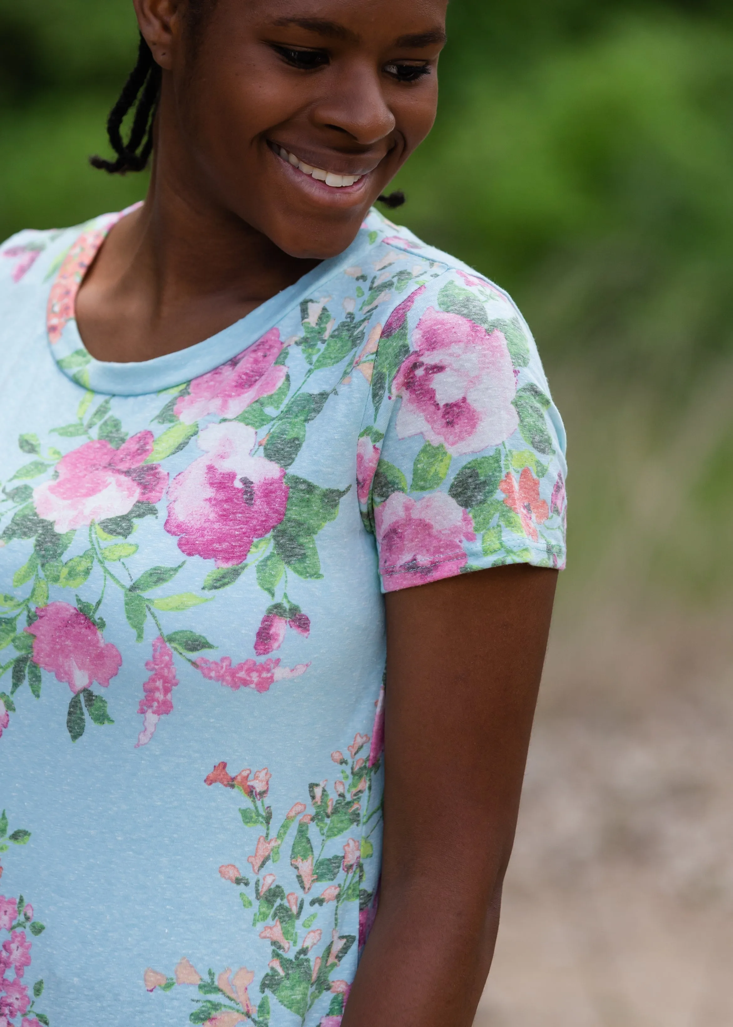 Blue Floral Print Short Sleeve Top