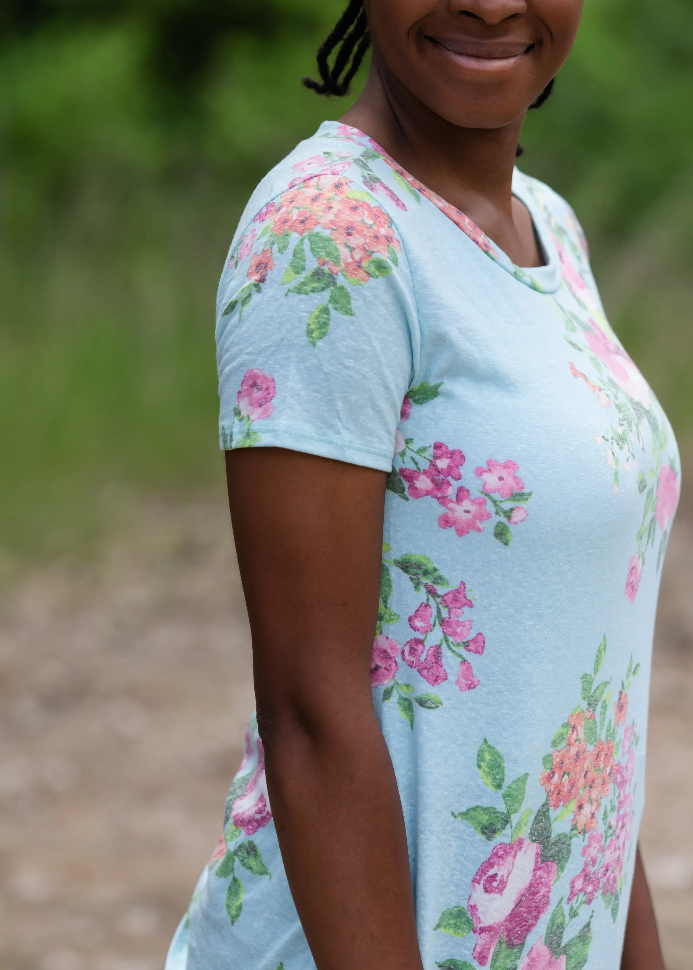 Blue Floral Print Short Sleeve Top