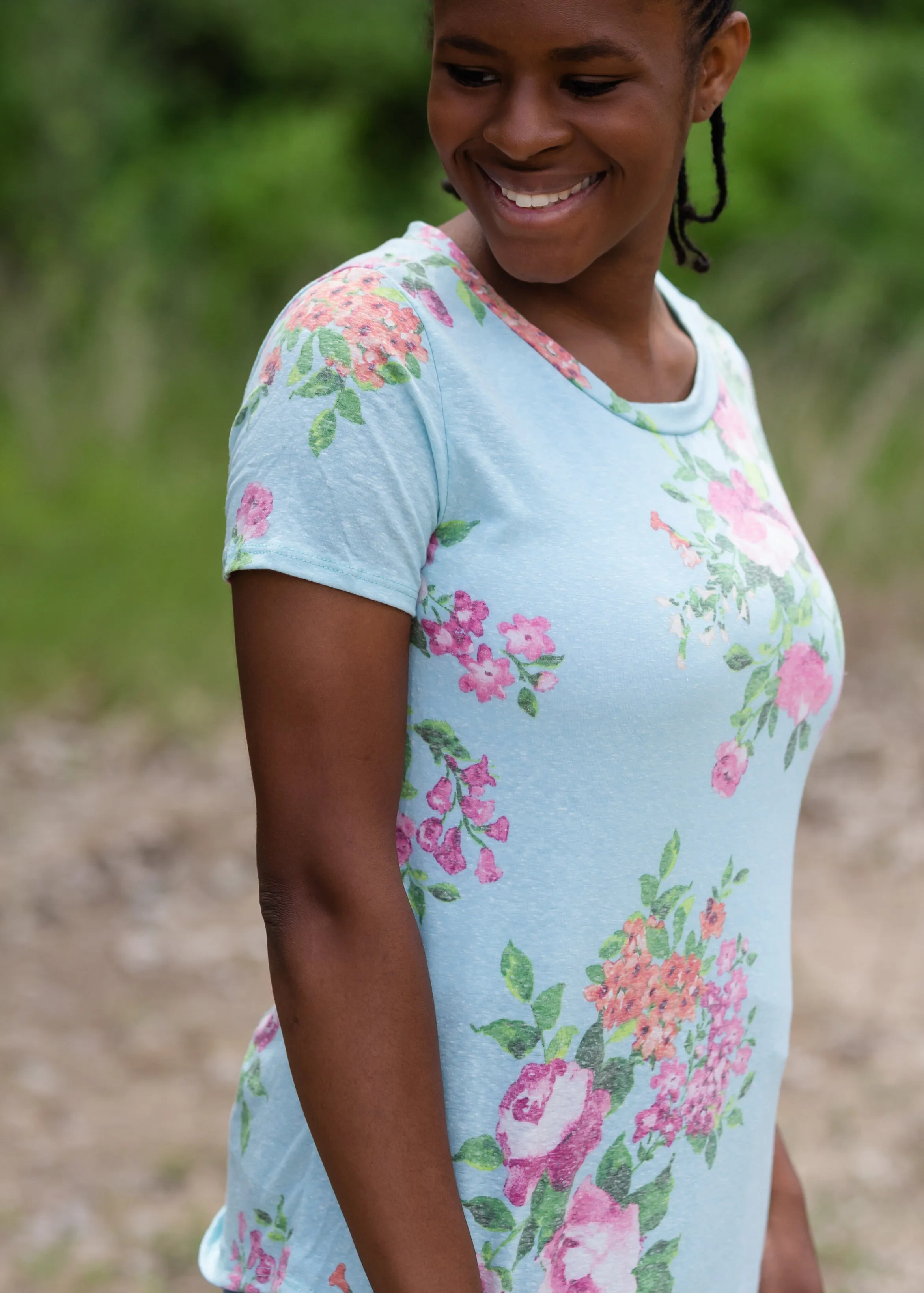 Blue Floral Print Short Sleeve Top