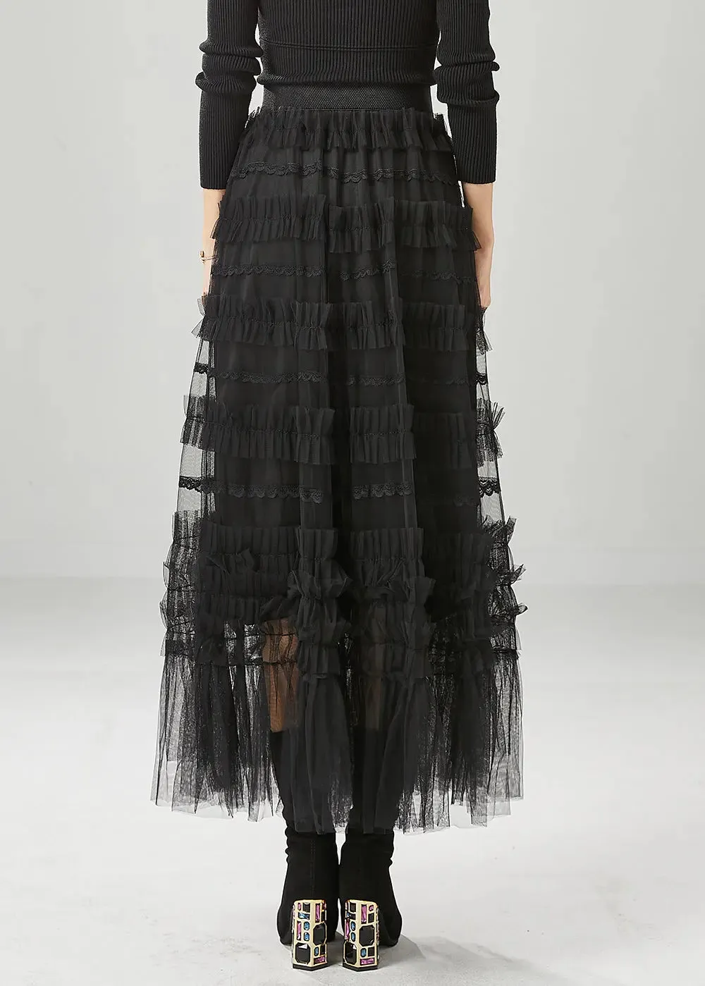 Bohemian Black Ruffled Tulle Vacation Skirts Fall ML1234