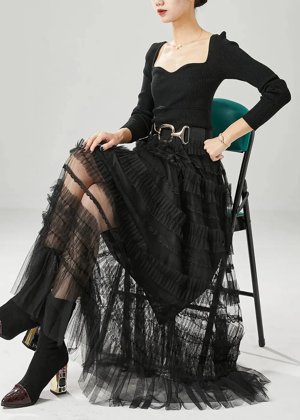 Bohemian Black Ruffled Tulle Vacation Skirts Fall ML1234