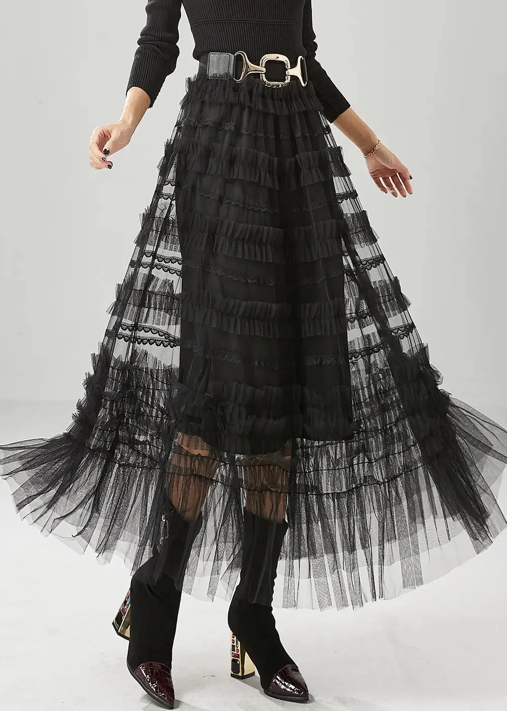 Bohemian Black Ruffled Tulle Vacation Skirts Fall ML1234