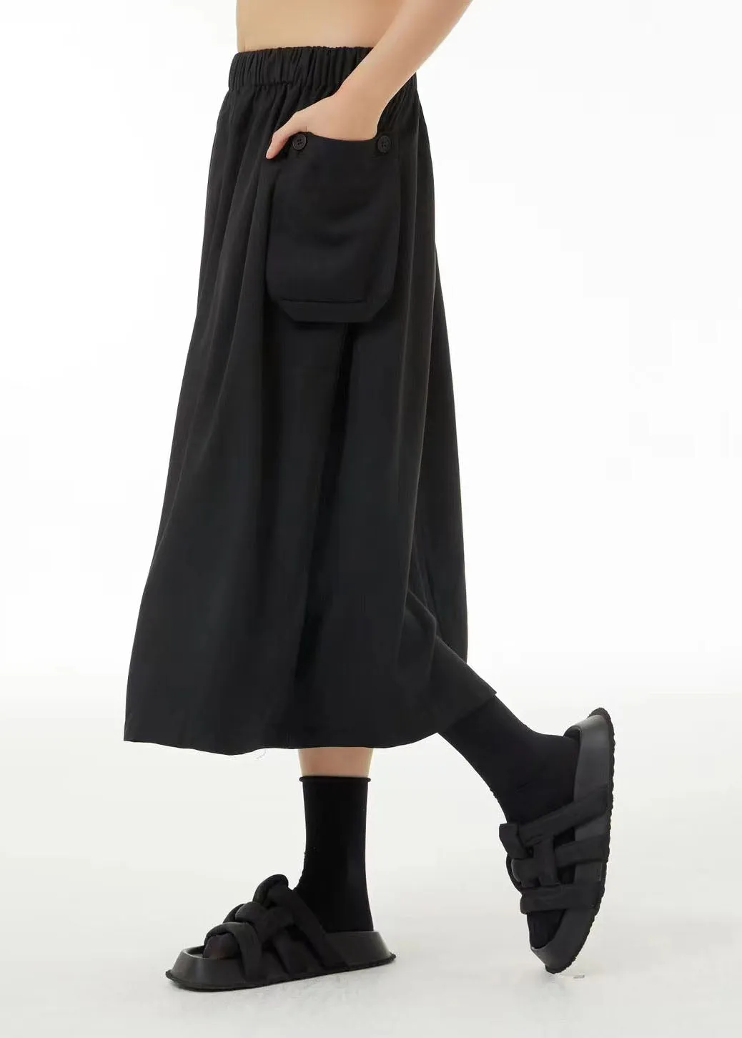 Boutique Black Elastic Waist Oversized Pockets Cotton Skirts Summer TS1033