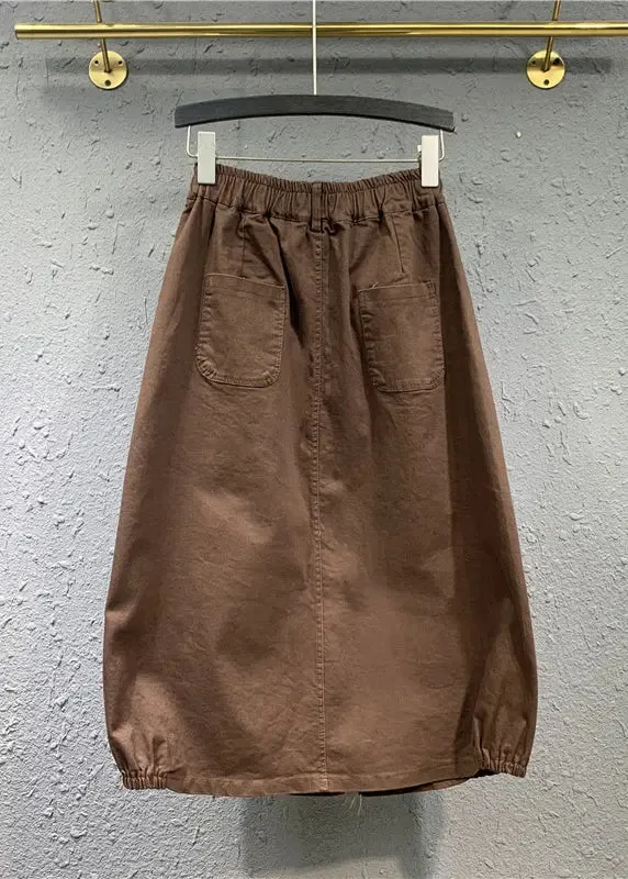 Casual Khaki Wrinkled Pockets Patchwork Cotton Skirts Fall ML0718