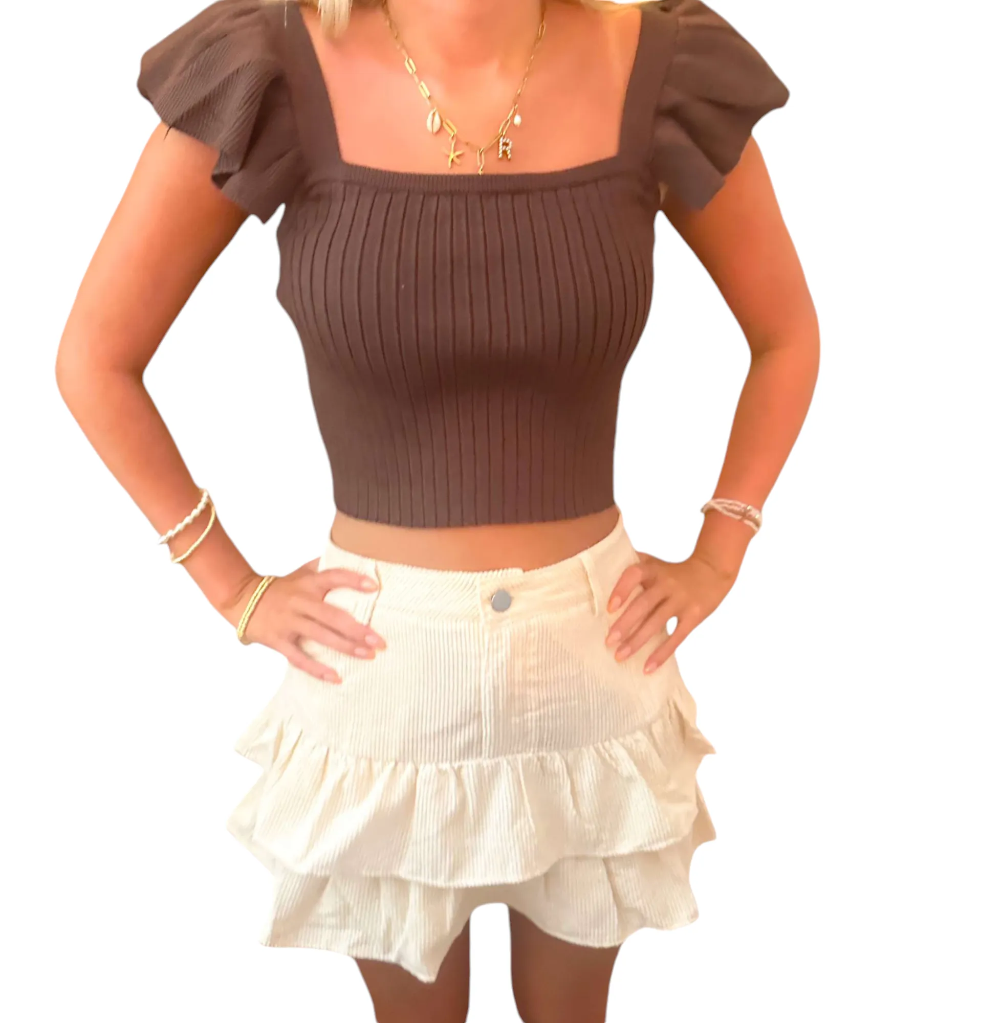 Chic Brown Ruffled Ribbed Crop Top for Effortless Style