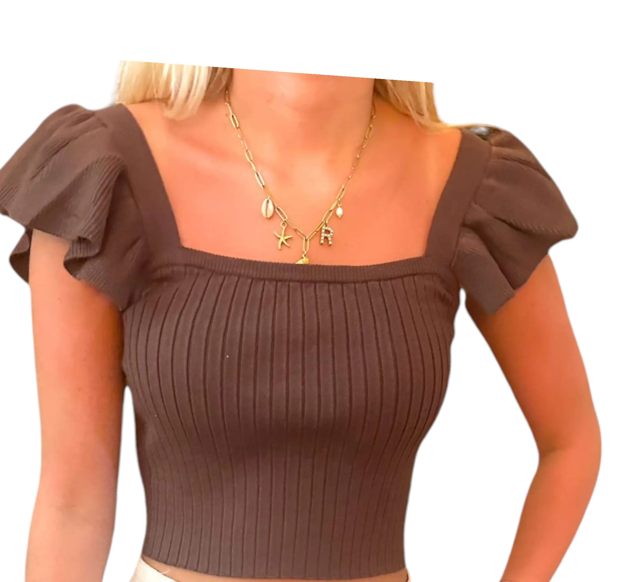 Chic Brown Ruffled Ribbed Crop Top for Effortless Style