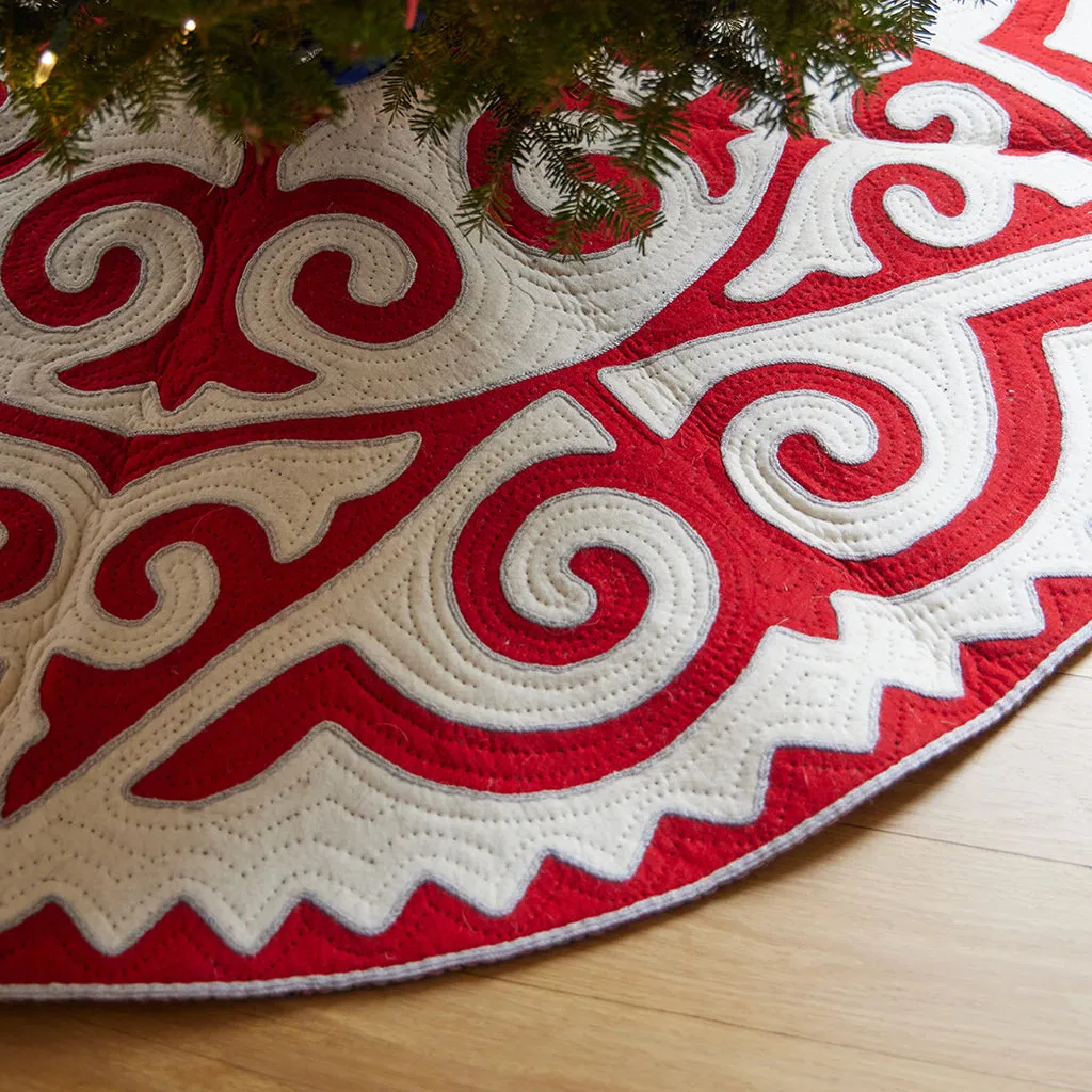 Contemporary Red With White Shyrdak Tree Skirt