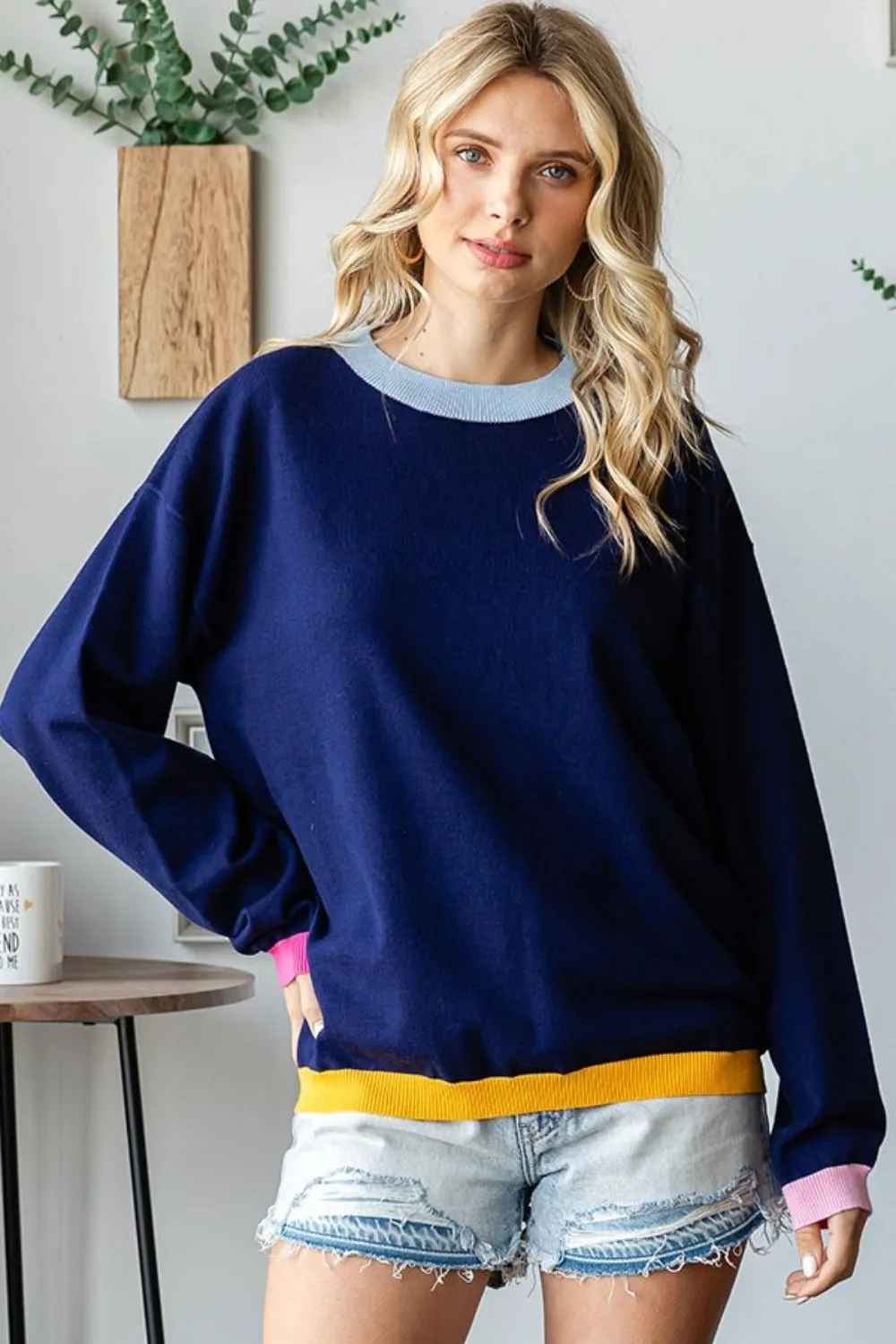 Contrast Ribbed Round Neck Long Sleeve Sweater in Navy by First Love