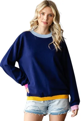 Contrast Ribbed Round Neck Long Sleeve Sweater in Navy by First Love