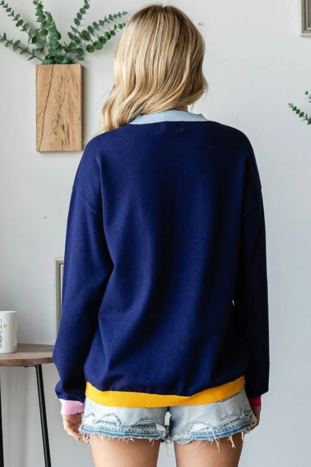 Contrast Ribbed Round Neck Long Sleeve Sweater in Navy by First Love