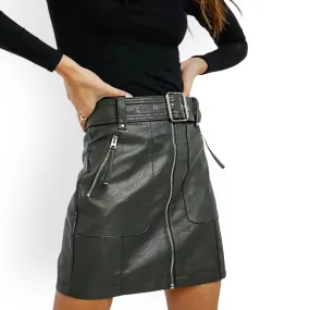 Dark Green Zip Up Wide Belt Mini Skirt