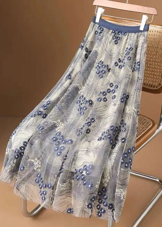 Elegant Blue Embroidery Wrinkled Tulle Skirts Summer LY2233