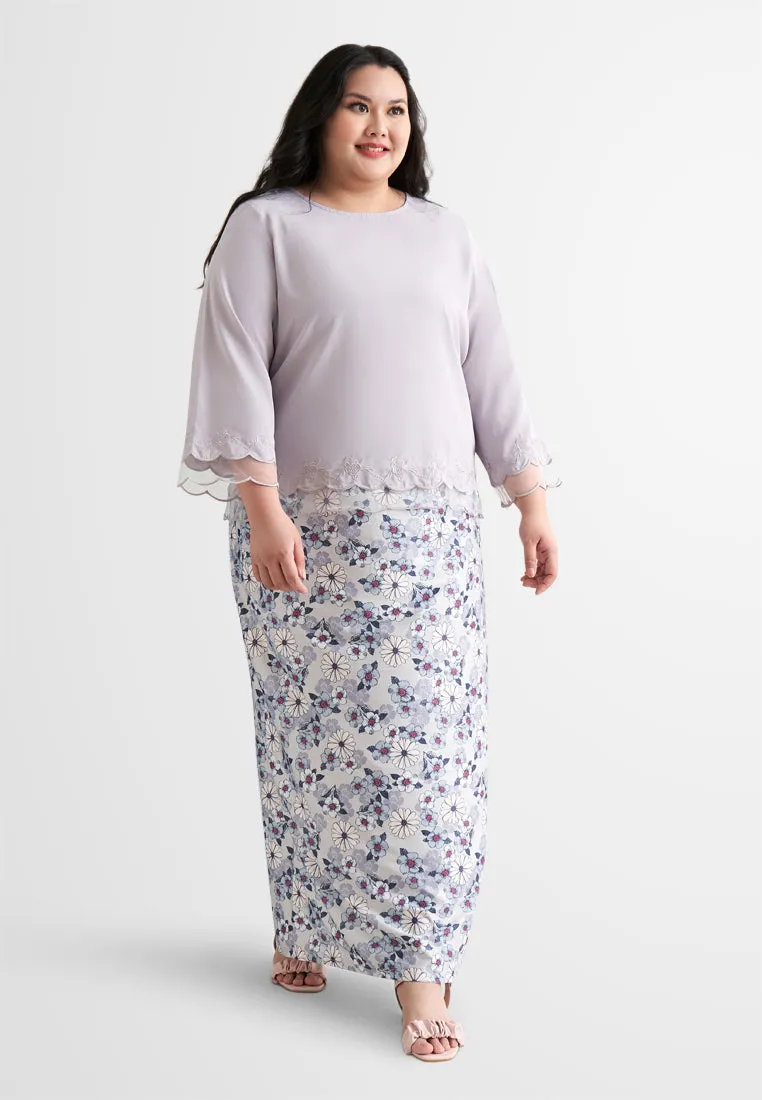 Ellah Petite Plus Short Embroidery Kurung Top - Grey Lilac