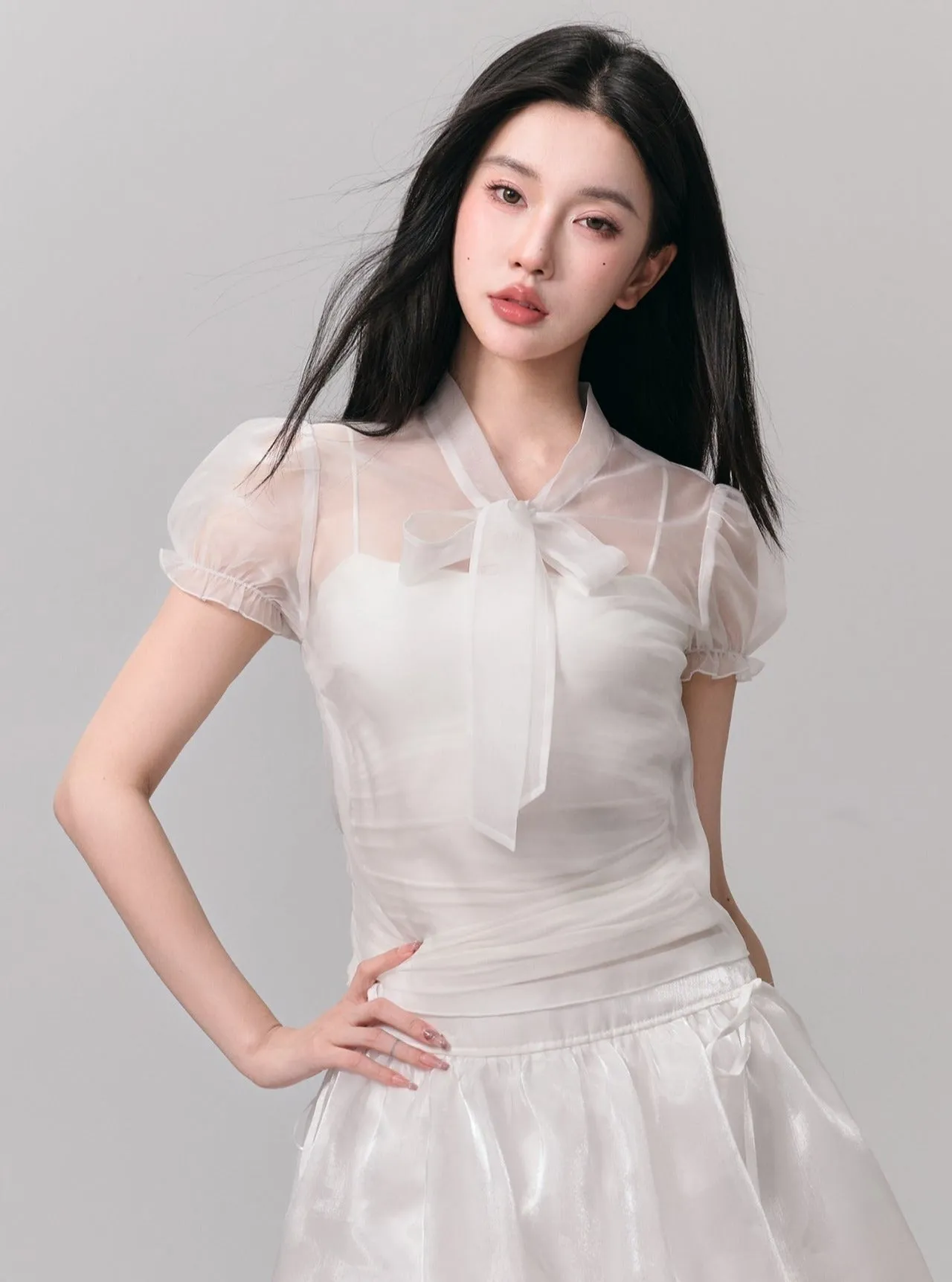 Ethereal White Summer Set: Puff-Sleeve Crop Top & Scalloped Tie-Side Mini Skirt