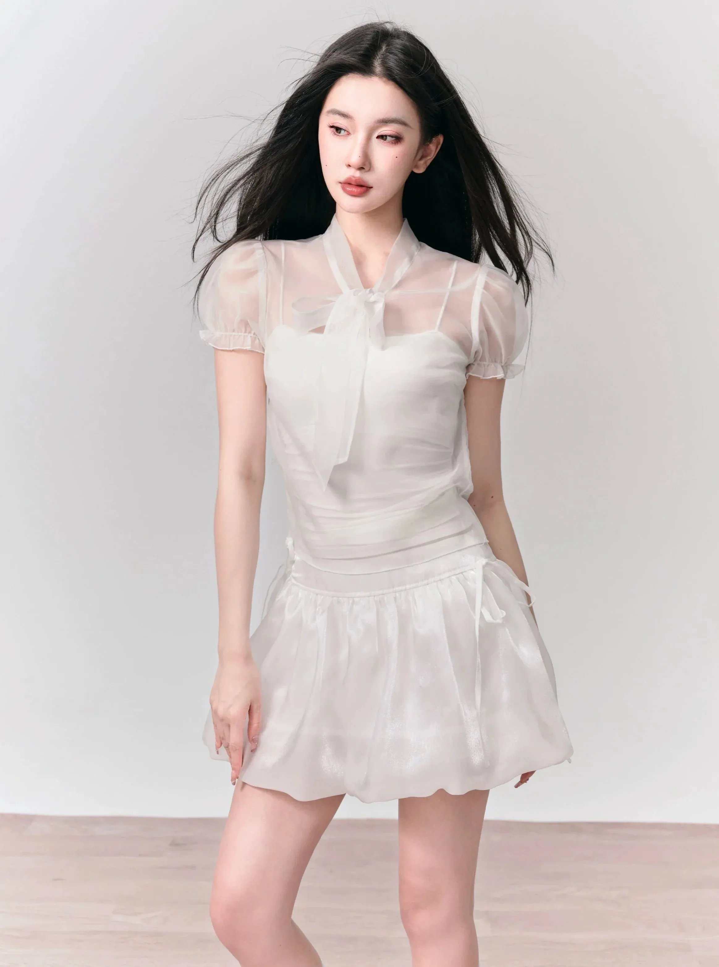 Ethereal White Summer Set: Puff-Sleeve Crop Top & Scalloped Tie-Side Mini Skirt