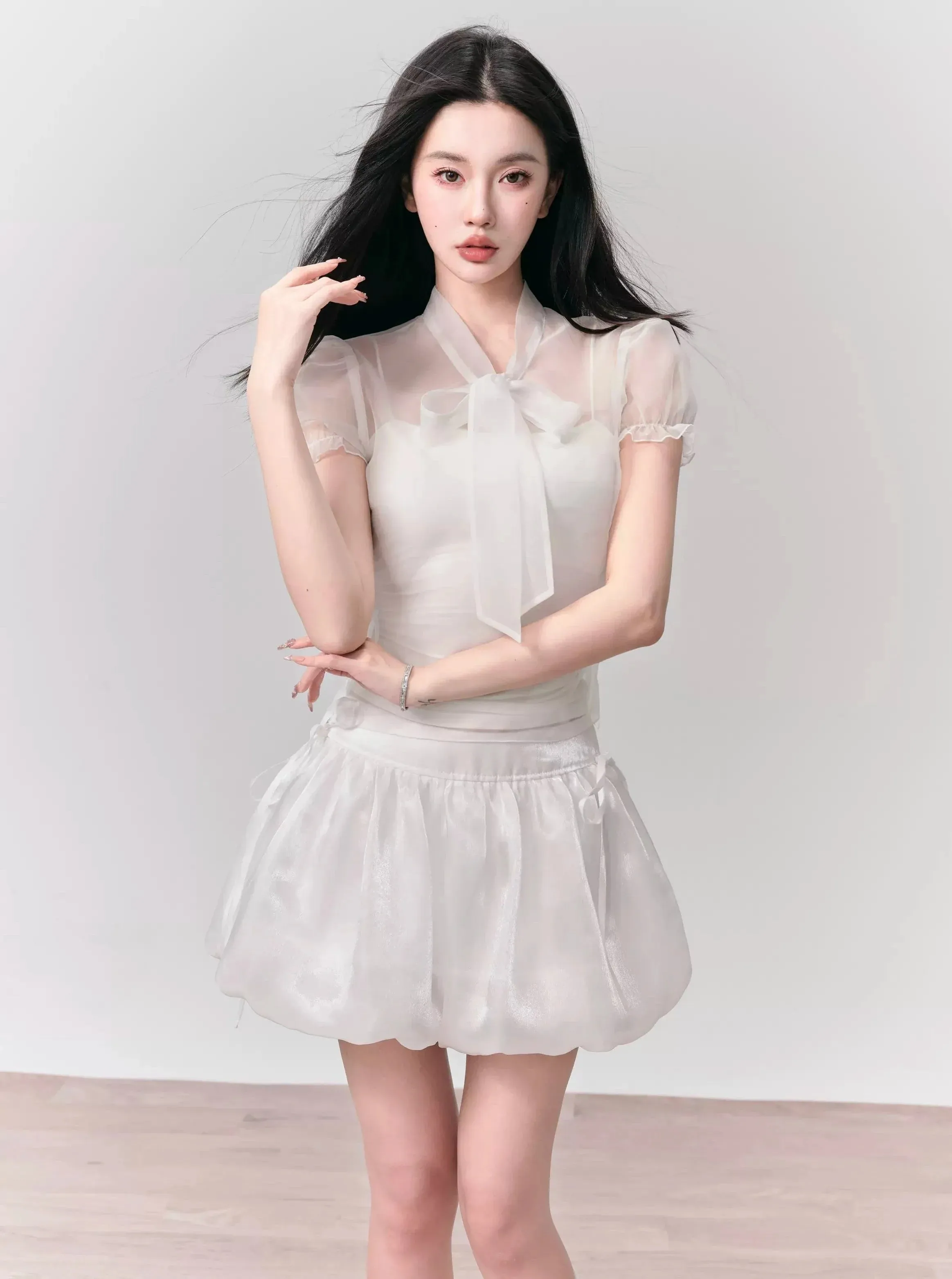 Ethereal White Summer Set: Puff-Sleeve Crop Top & Scalloped Tie-Side Mini Skirt