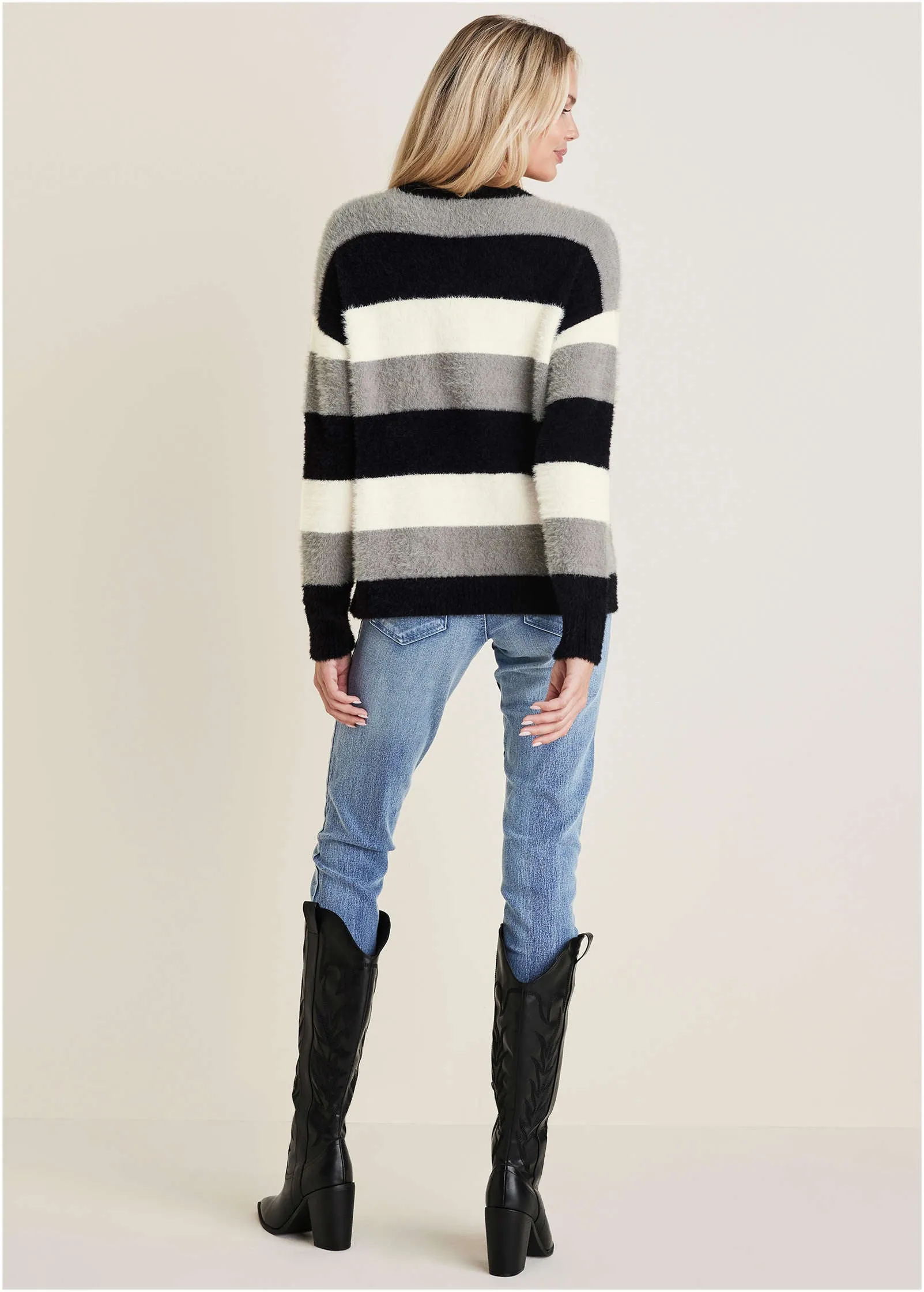 Eyelash Sweater - Black, White, & Grey Stripe