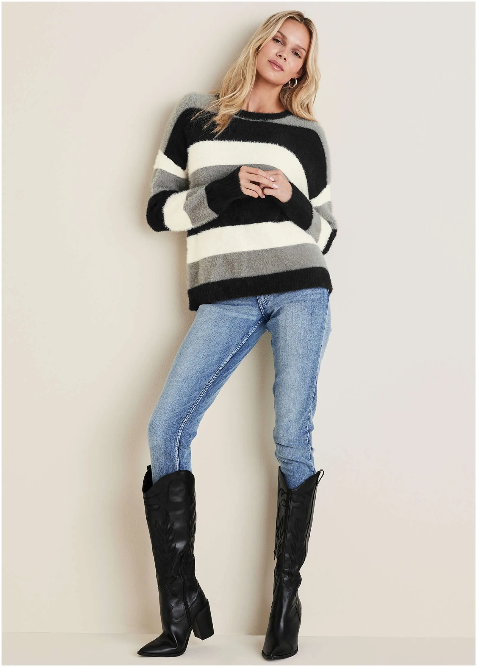 Eyelash Sweater - Black, White, & Grey Stripe