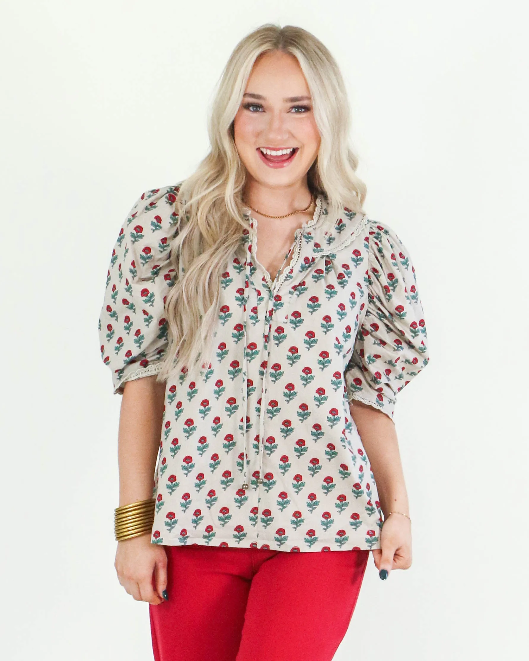 Floral Print V-Neck Short Sleeve Top In Taupe