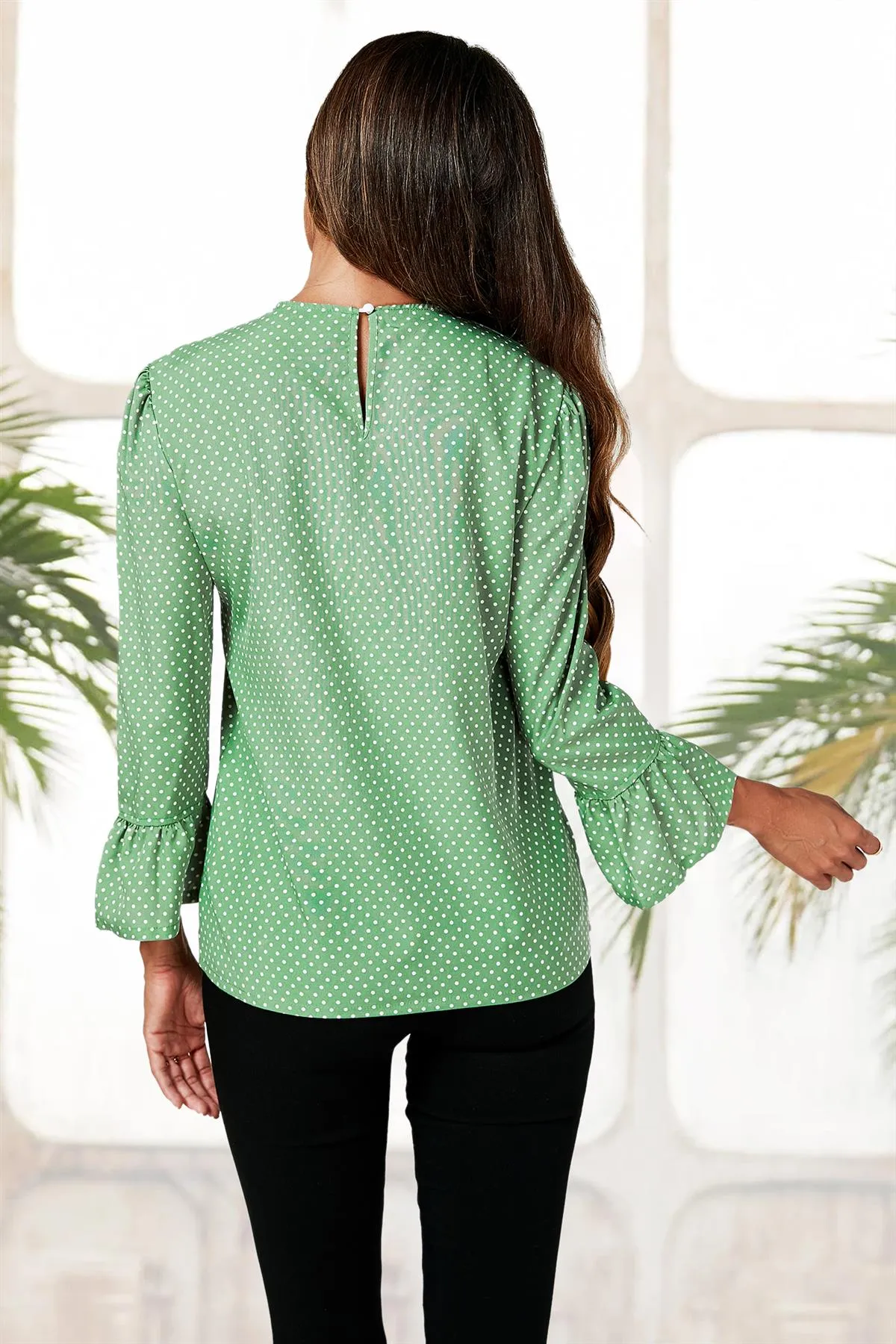 FS Collection Polka Dot Print Frill Detail Cuff Top In Green