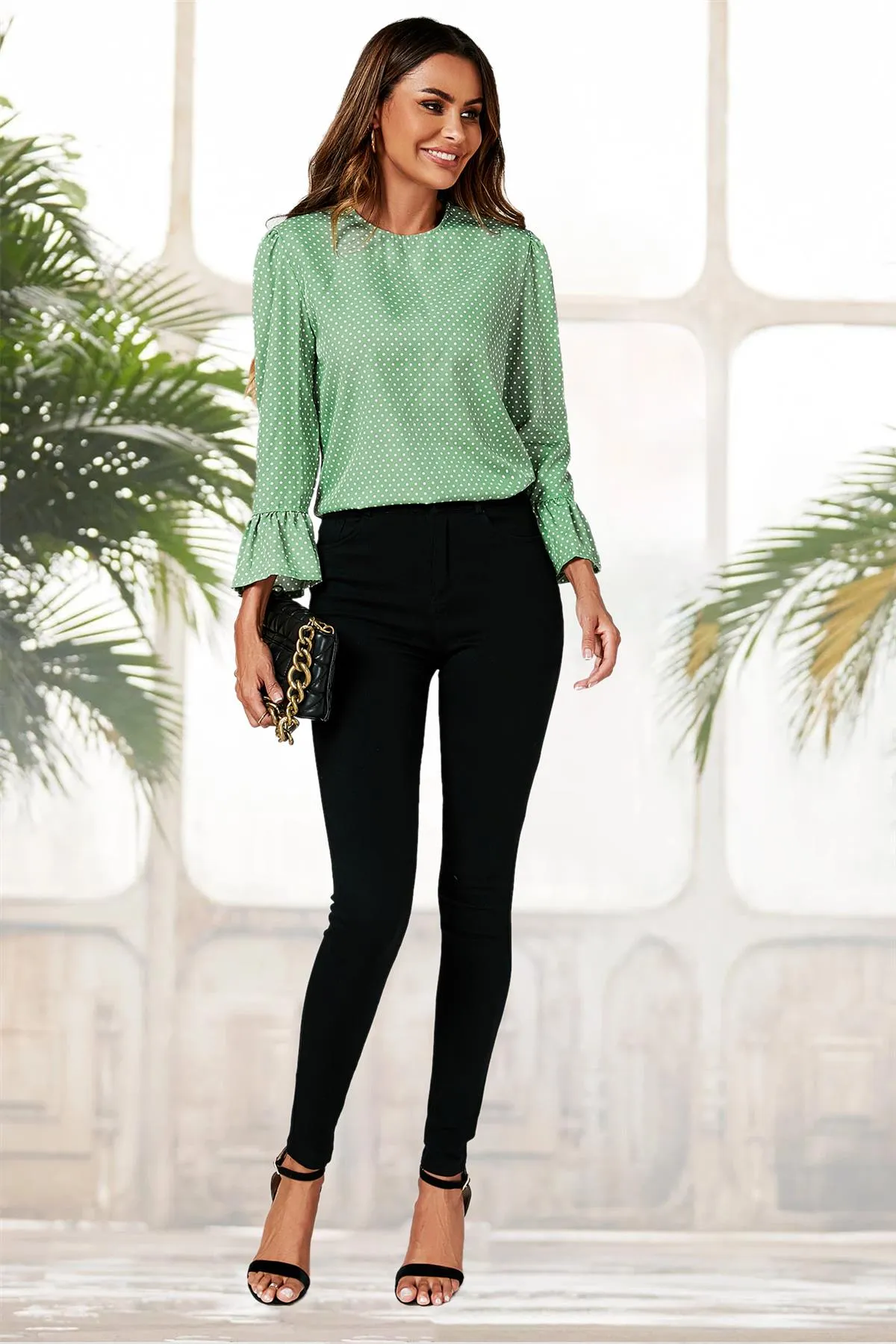 FS Collection Polka Dot Print Frill Detail Cuff Top In Green