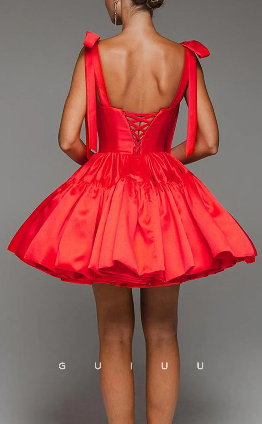 GH620 - Chic & Modern Satin Tiered Ball Gown Homecoming Dress With Bowknot Straps