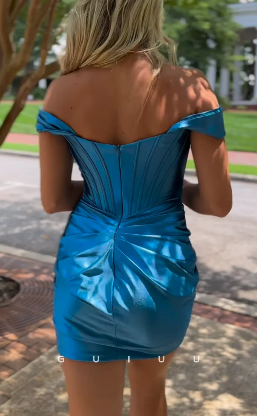 GH629 - Sexy & Hot Sheath Off-Shoulder Pleats Blue Homecomig Dress With Open Back