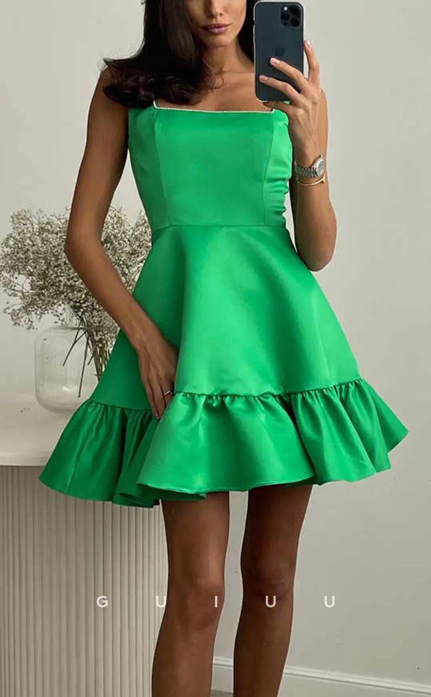 GH661 - Simple A-Line Satin Straps Square Homecoming Dress