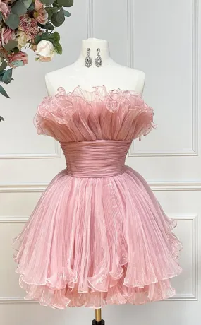 GH790 - Chic & Modern Strapless Ball Gown Ruffles Pink Mini Homecoming Party Dress