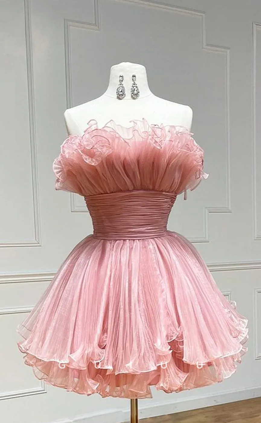 GH790 - Chic & Modern Strapless Ball Gown Ruffles Pink Mini Homecoming Party Dress