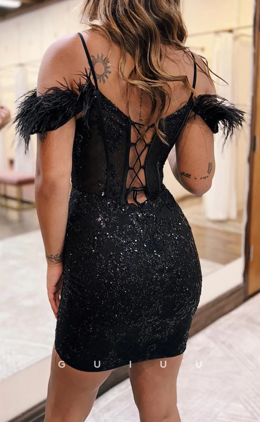 GH867 -  Sheath Off Shoulder Straps Sleeceless Fully Sequined Homecoming Dress with Feather