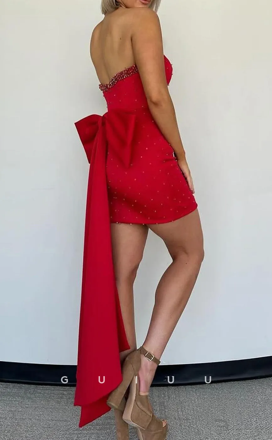 GH916 - Sheath Strapless Sleeveless Beaded Side Slit Homecoming Dress with Bow Knot