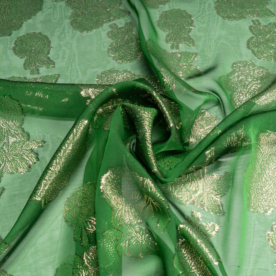 Gold Metallic Floral Jacquard Green Silk Chiffon