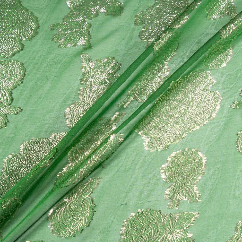 Gold Metallic Floral Jacquard Green Silk Chiffon