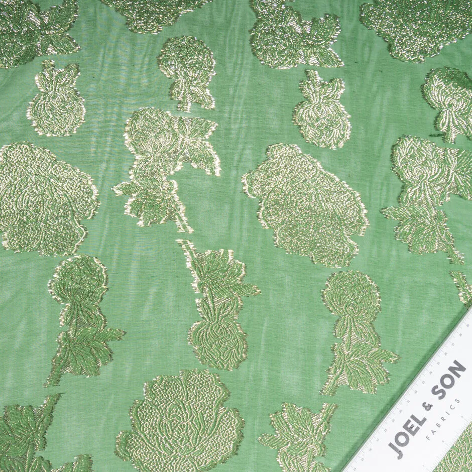 Gold Metallic Floral Jacquard Green Silk Chiffon