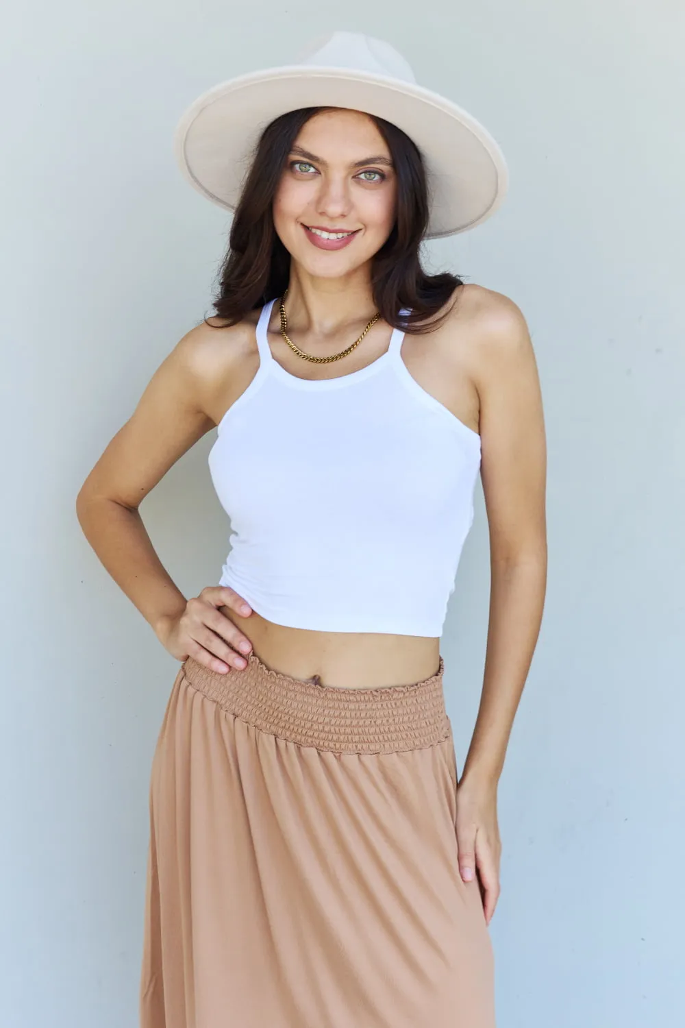 High Waist Scoop Hem Maxi Skirt in Tan