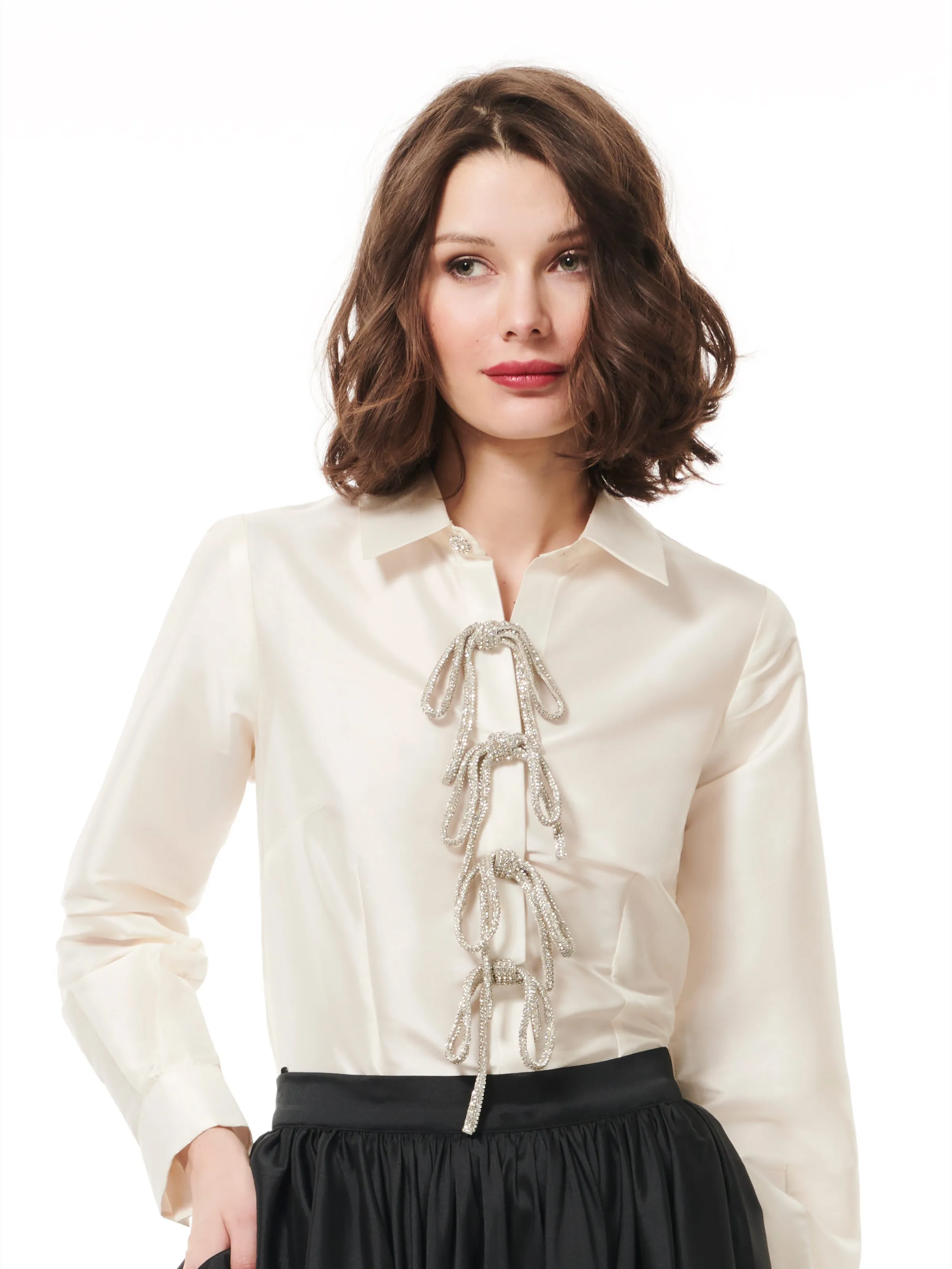 IVORY JEWELED LARGE BOW TAFFETA TOP